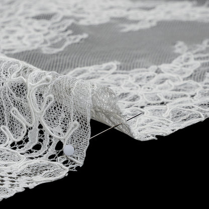 Corded Chantilly Lace with Finished Edges - Ivory Tropical Leaves and Flowers