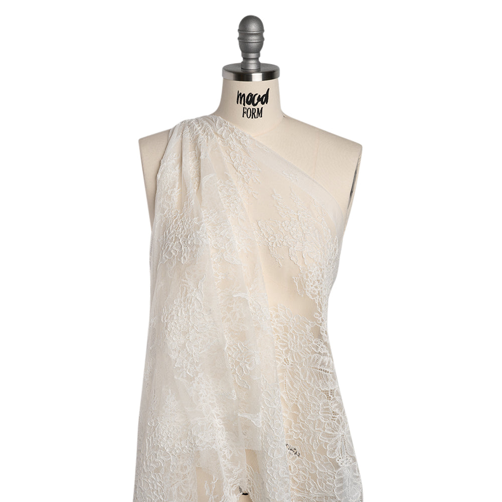 Corded Chantilly Lace with Finished Edges - Ivory Tropical Leaves and Flowers