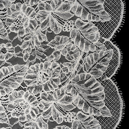 Corded Chantilly Lace with Finished Edges - Ivory Tropical Leaves and Flowers