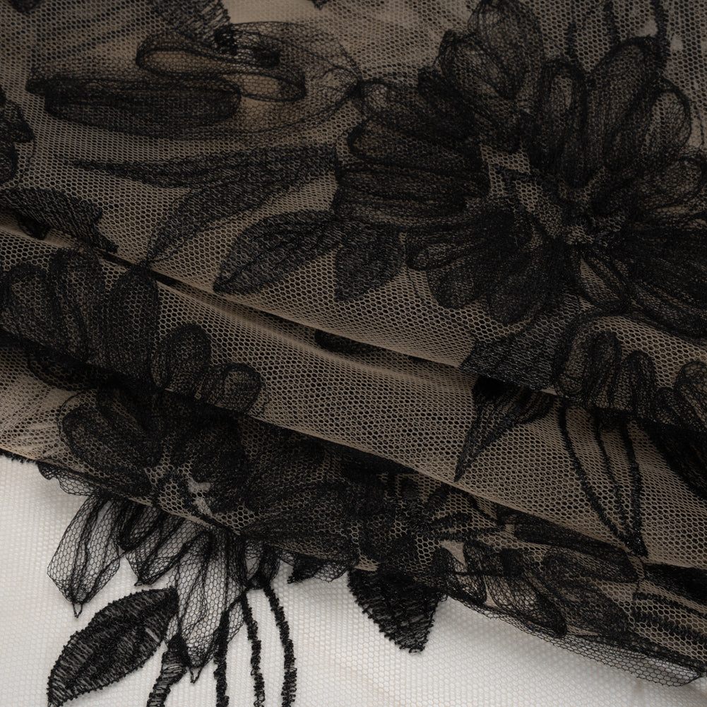 Embroidered Lace with 3D Tulle Applique - Nude and Black Floral