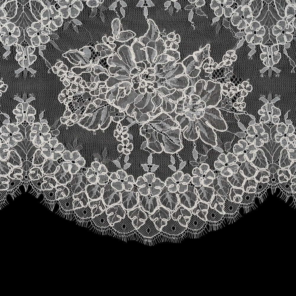 Corded Chantilly Lace with Scalloped Eyelash Edges - 12" - Ivory and White Floral Rings Folded
