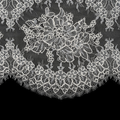 Corded Chantilly Lace with Scalloped Eyelash Edges - 12" - Ivory and White Floral Rings Folded