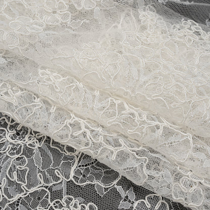Corded Chantilly Lace with Scalloped Eyelash Edges - 12" - Ivory and White Floral Rings Detail