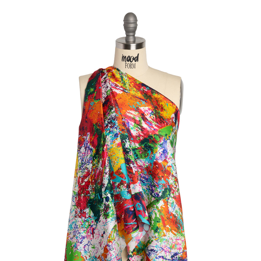 Silk Charmeuse Print - White, Red and Green Abstract Paint Splatters Detail