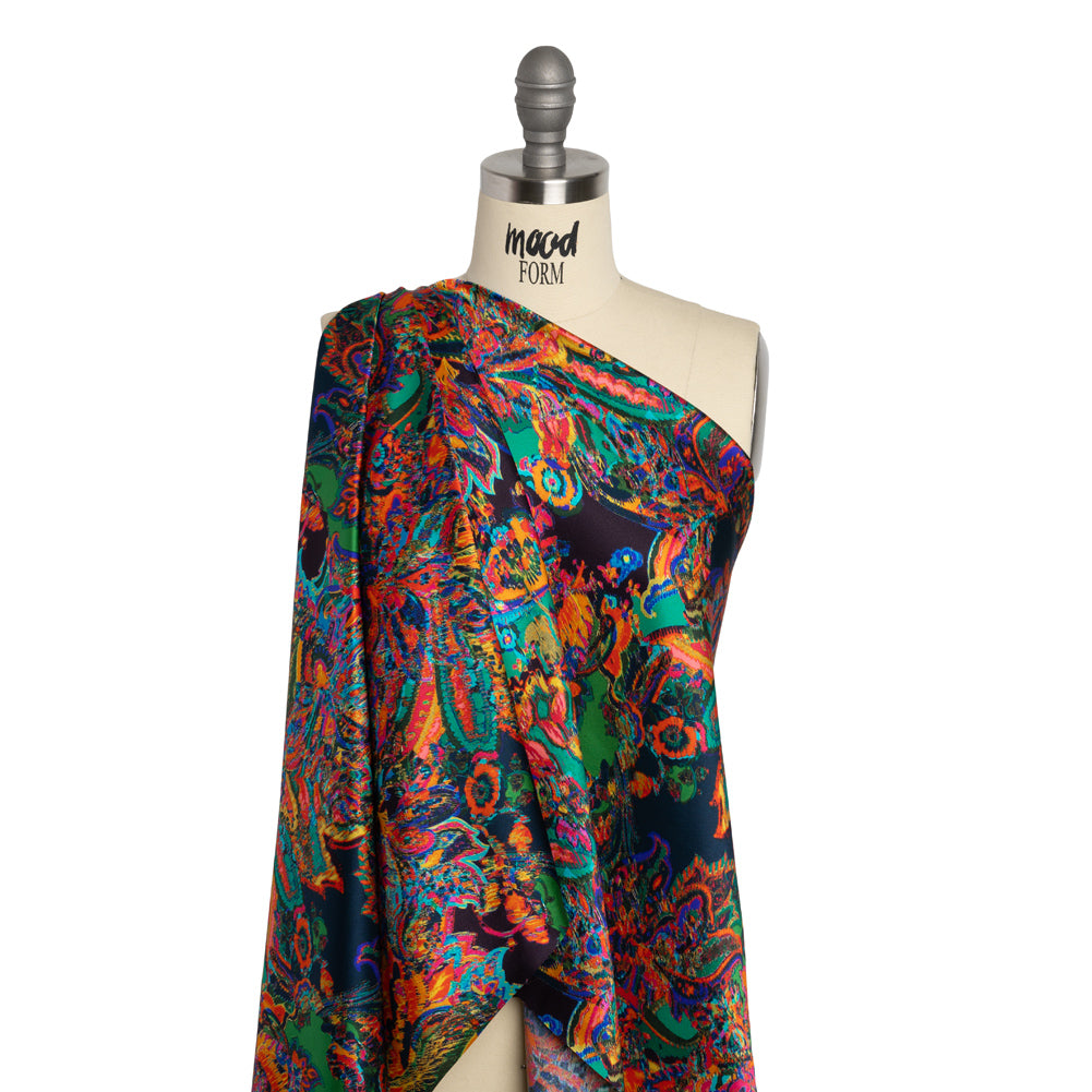 Silk Charmeuse Print - Green, Blue and Orange Sketched Jacobean Floral Detail