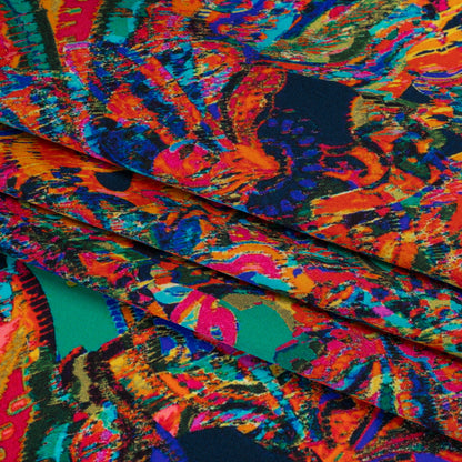 Silk Charmeuse Print - Green, Blue and Orange Sketched Jacobean Floral Full