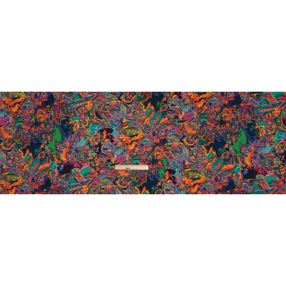 Silk Charmeuse Print - Green, Blue and Orange Sketched Jacobean Floral Drape