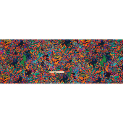 Silk Charmeuse Print - Green, Blue and Orange Sketched Jacobean Floral Drape
