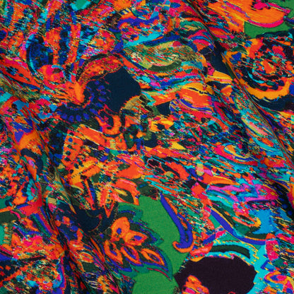 Silk Charmeuse Print - Green, Blue and Orange Sketched Jacobean Floral