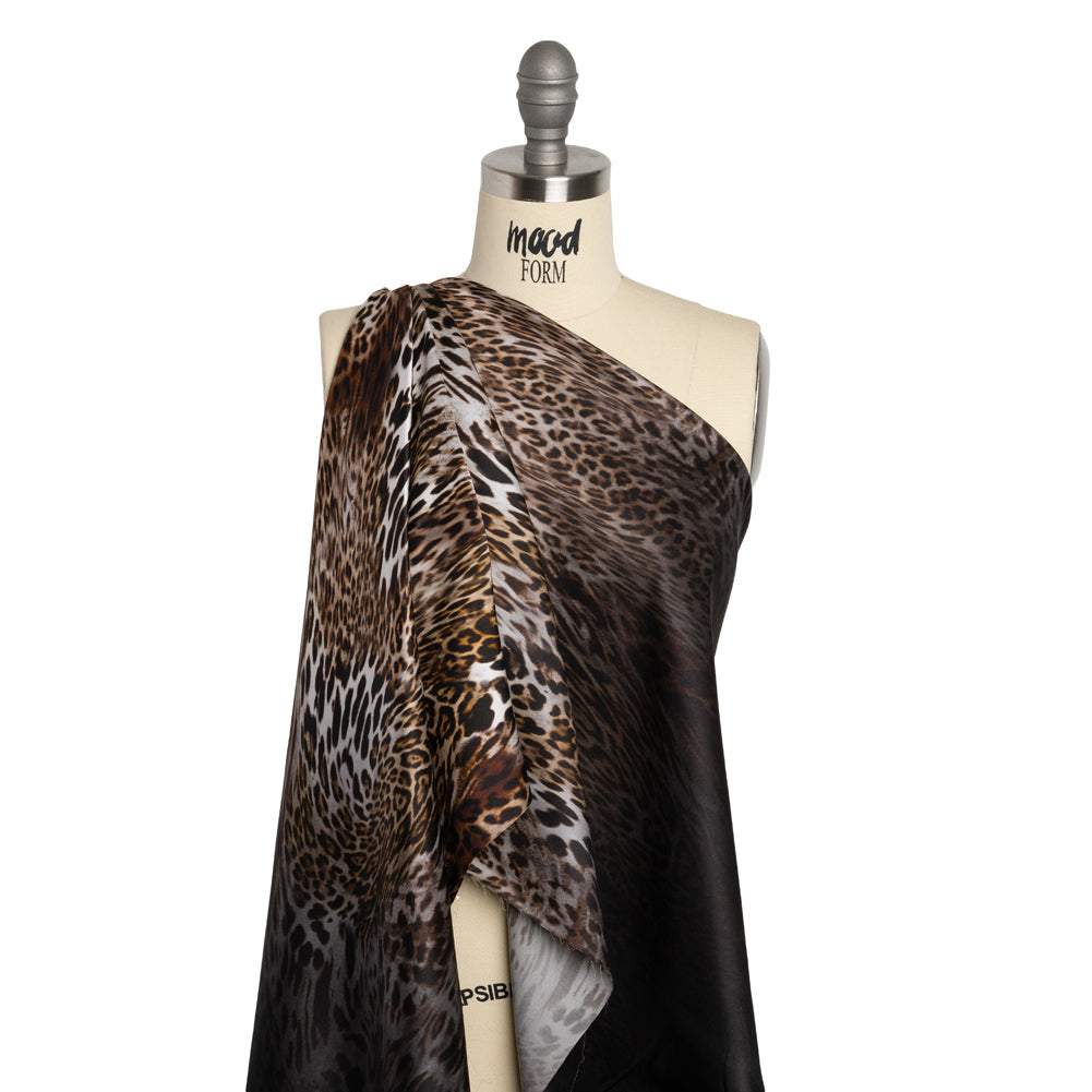 Silk Charmeuse Print - Black, Brown and White Leopard Spots Ombre Detail