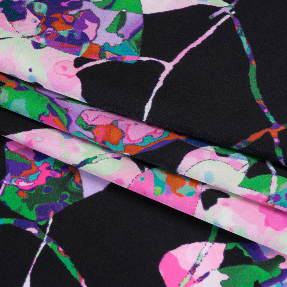 Silk Charmeuse Print - Black, Pink and Green Splatter Painted Florals Full