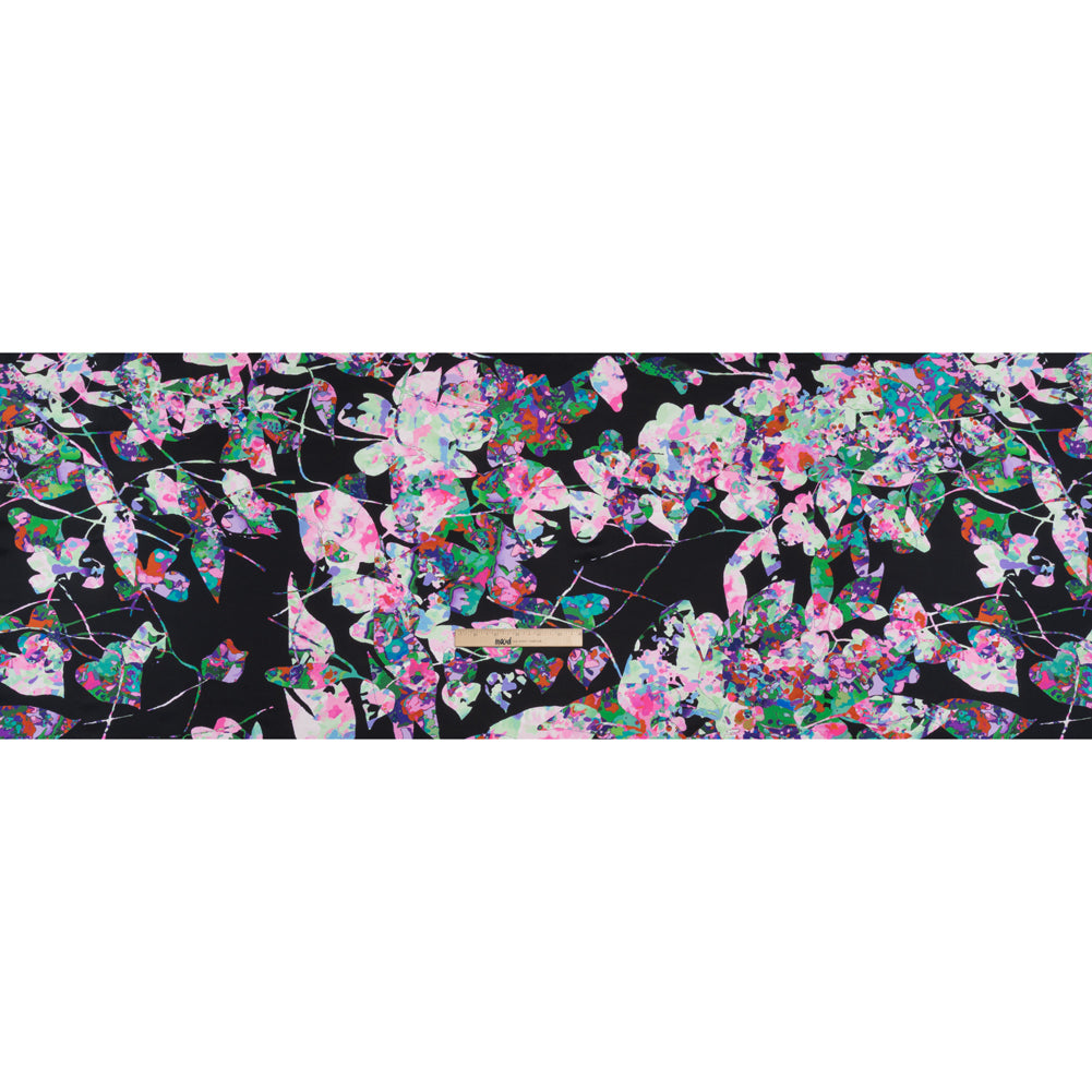Silk Charmeuse Print - Black, Pink and Green Splatter Painted Florals Drape