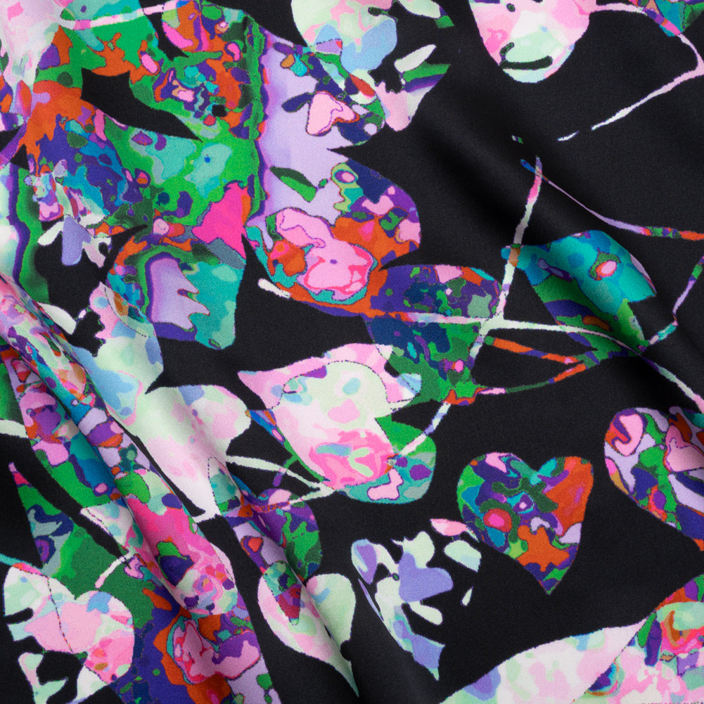 Silk Charmeuse Print - Black, Pink and Green Splatter Painted Florals