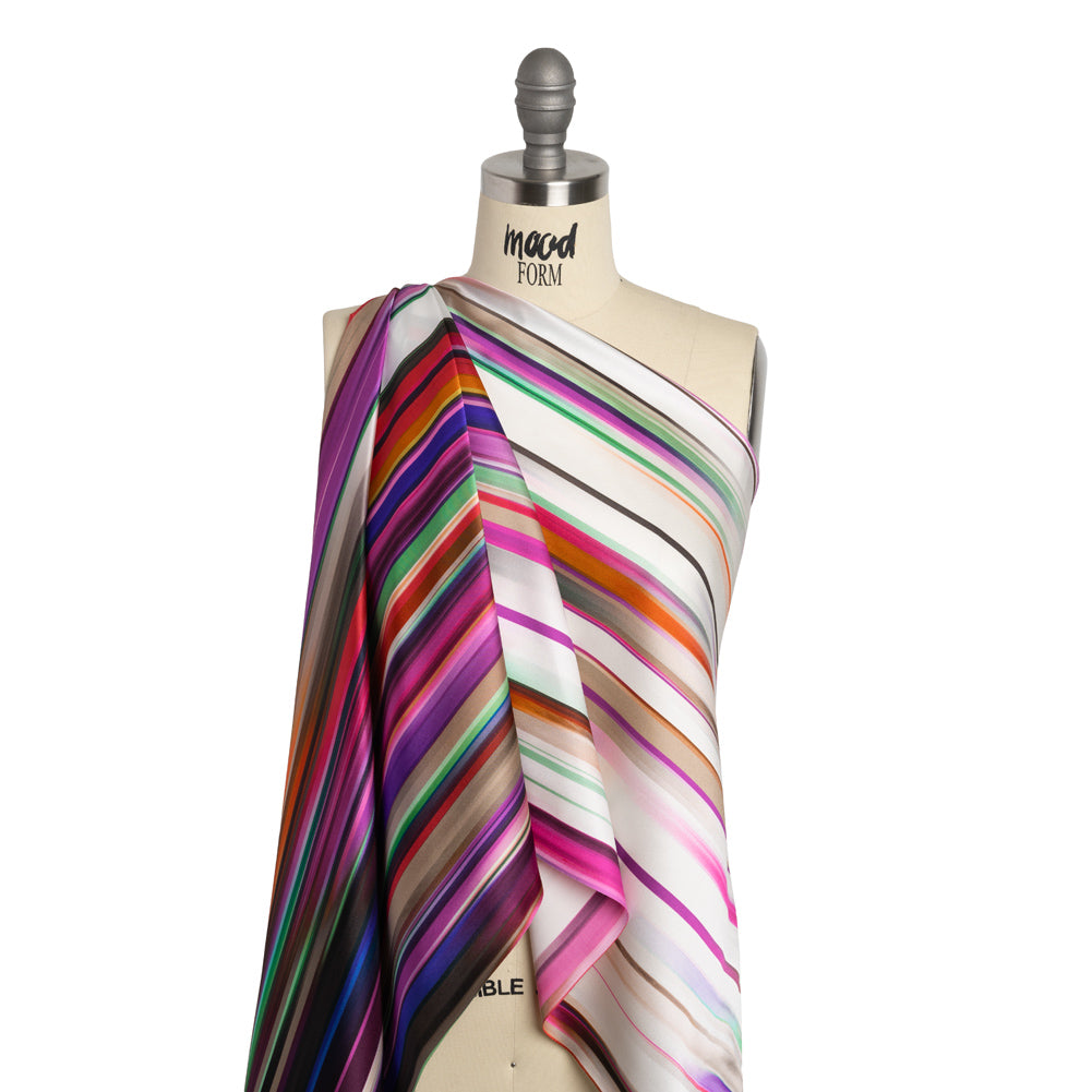 Silk Charmeuse Print - Purple, Brown and White Ombre Painted Stripes Detail
