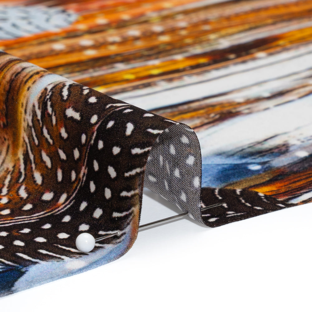 Silk Charmeuse Print - Blue, Red and Orange Feathered Borders and Abstract Folded