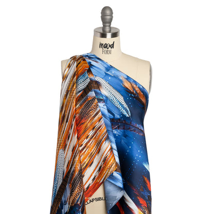 Silk Charmeuse Print - Blue, Red and Orange Feathered Borders and Abstract Detail