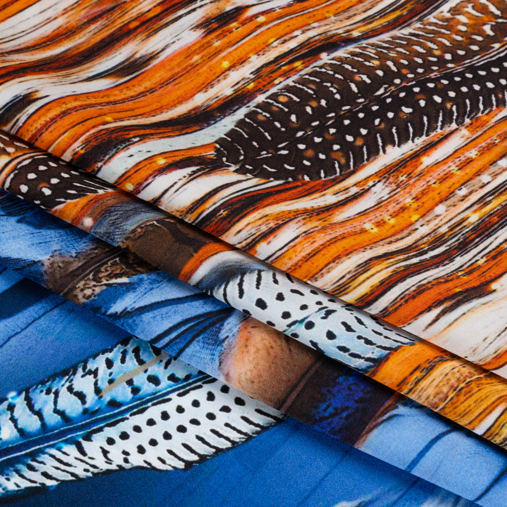 Silk Charmeuse Print - Blue, Red and Orange Feathered Borders and Abstract Full