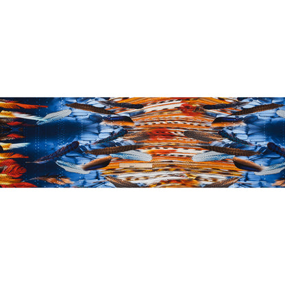 Silk Charmeuse Print - Blue, Red and Orange Feathered Borders and Abstract Drape