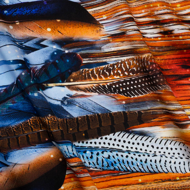Silk Charmeuse Print - Blue, Red and Orange Feathered Borders and Abstract