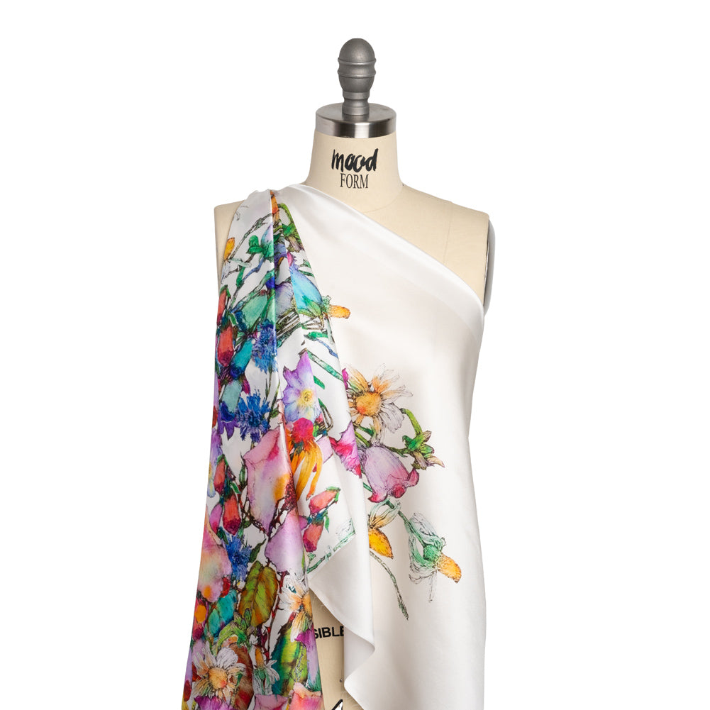 Silk Charmeuse Print - Rainbow and White Floral Border Detail