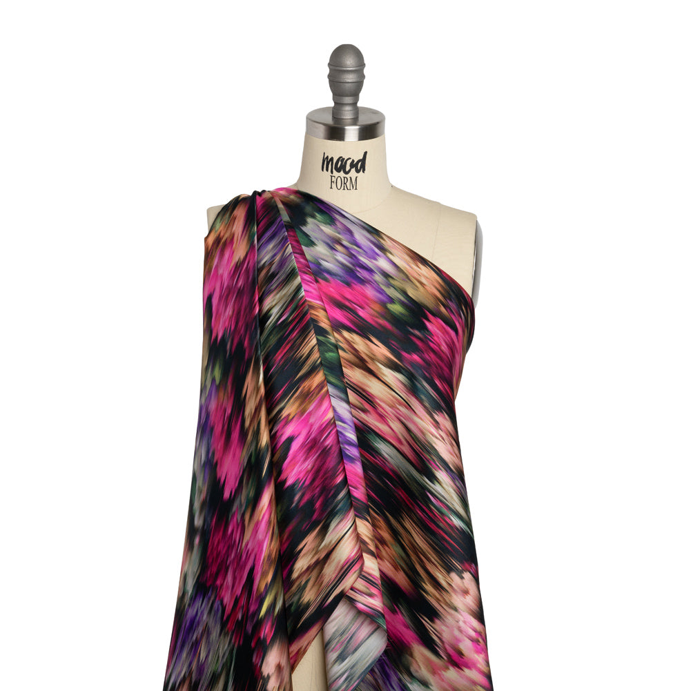 Silk Charmeuse Print - Black, Pink and Green Abstract Ikat Detail