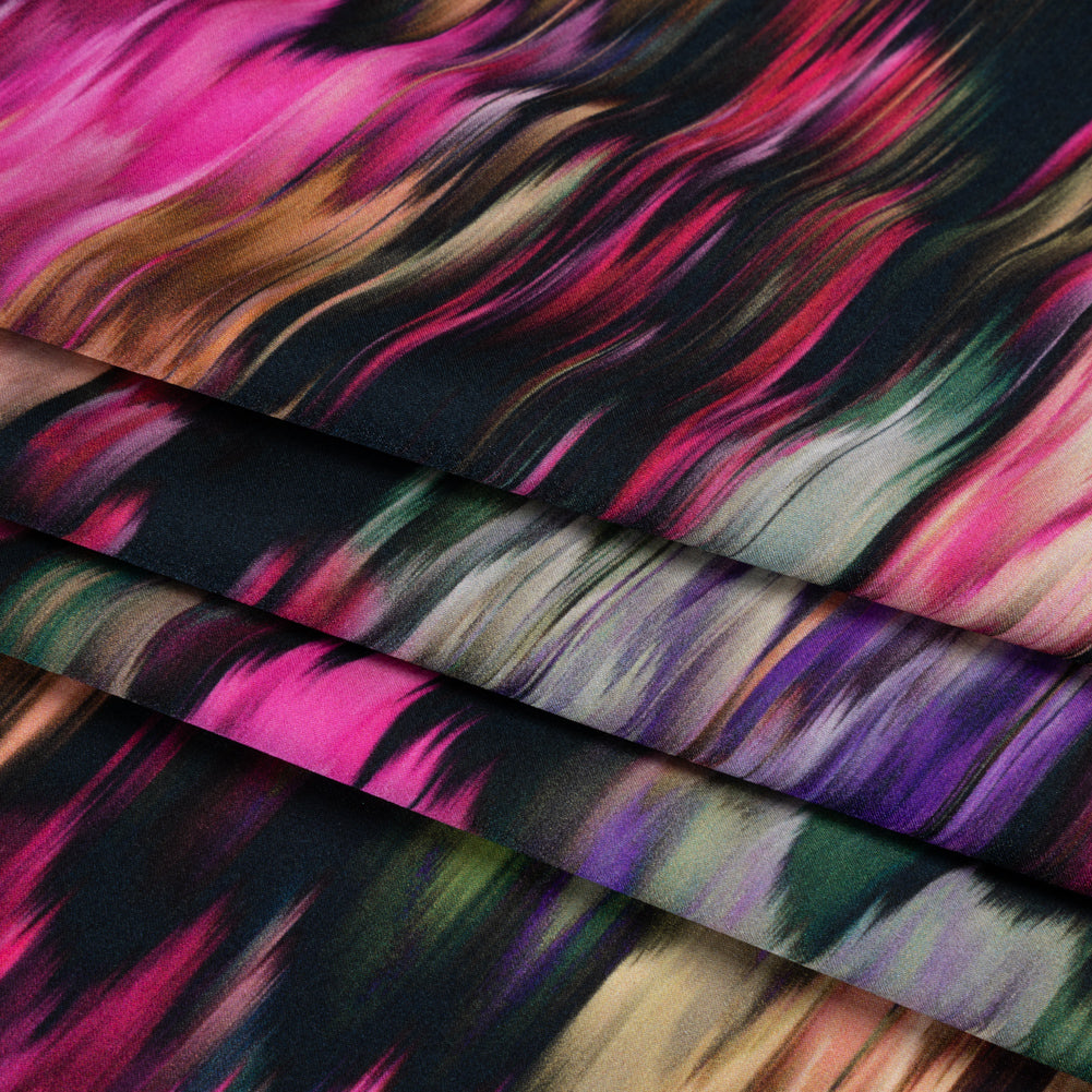 Silk Charmeuse Print - Black, Pink and Green Abstract Ikat Full