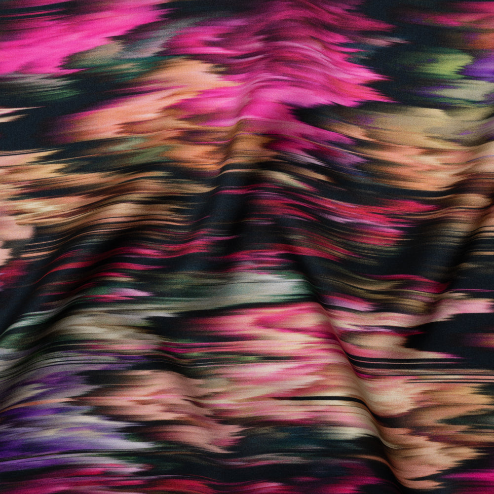 Silk Charmeuse Print - Black, Pink and Green Abstract Ikat
