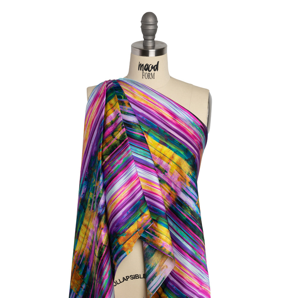 Silk Charmeuse Print - Yellow, Purple and Pink Abstract Painted Stripes Detail