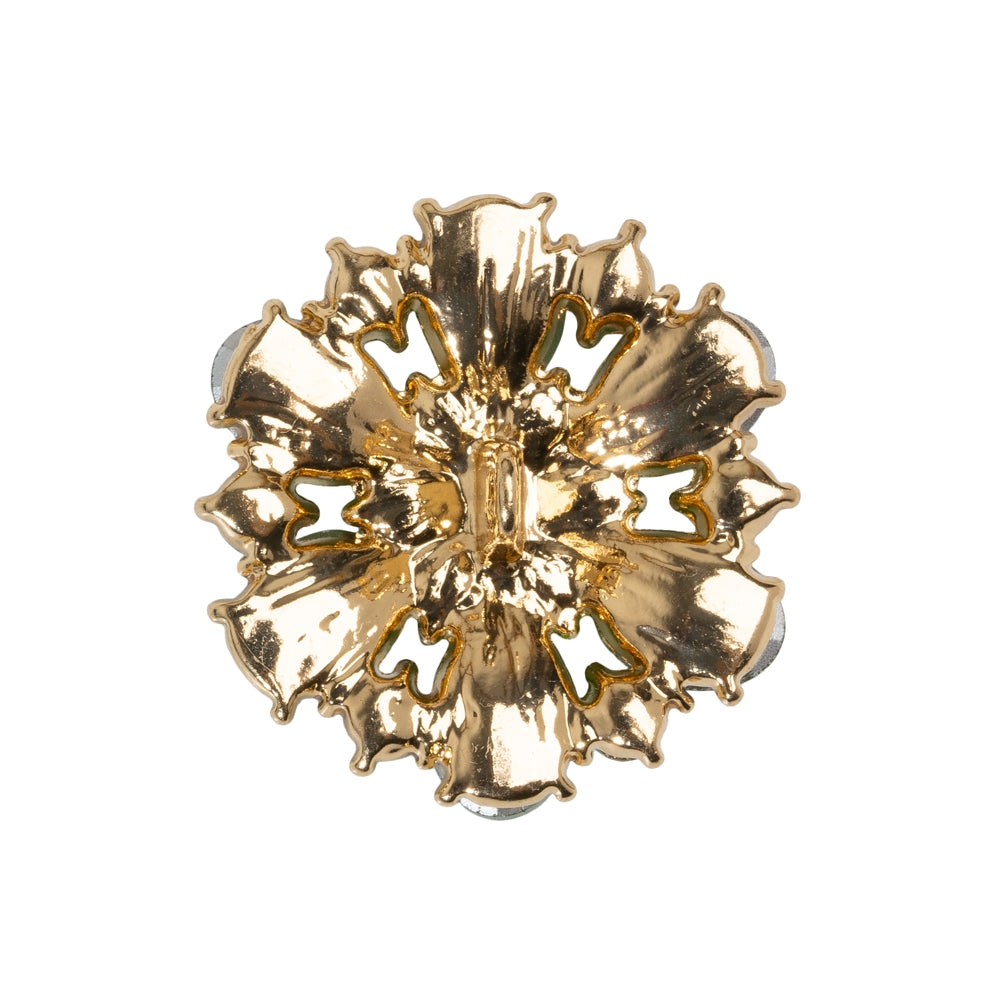Rhinestone and Metal Shank Back Button - 40L/25.5mm - Green, Crystal and Gold Big Flower - Detail
