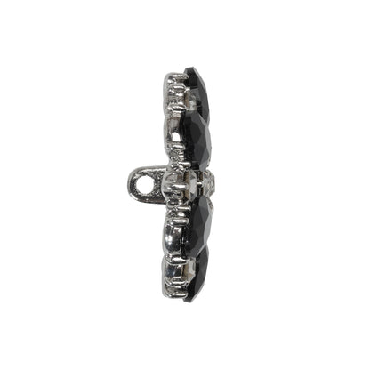 Rhinestone and Metal Shank Back Button - 40L/25.5mm - Jet Black, Crystal and Nickel-Free Silver Big Flower