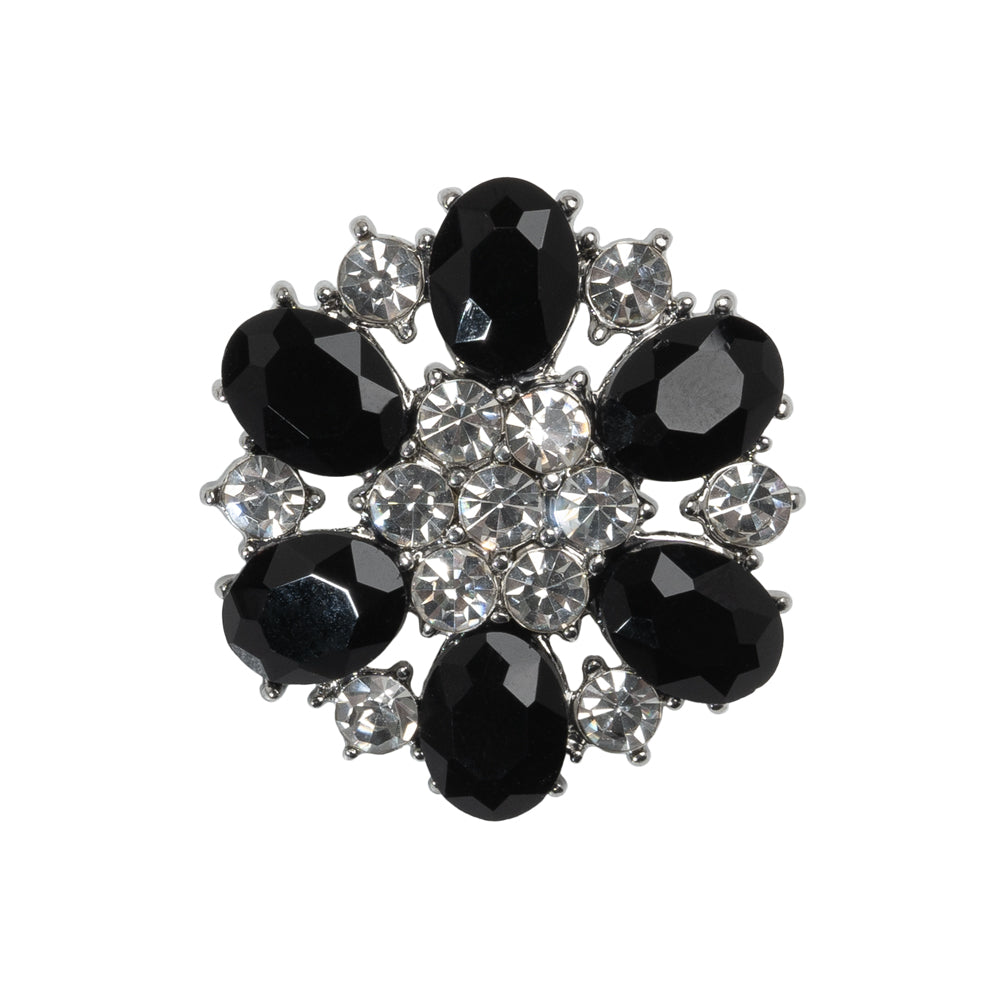 Rhinestone and Metal Shank Back Button - 40L/25.5mm - Jet Black, Crystal and Nickel-Free Silver Big Flower