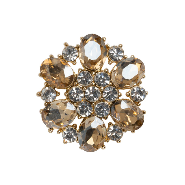 Rhinestone and Metal Shank Back Button - 40L/25.5mm - Pale Amber, Crystal and Gold Big Flower