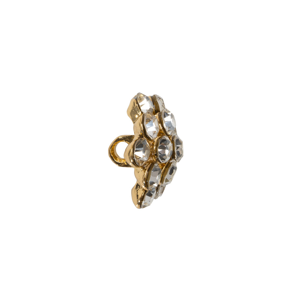 Rhinestone and Metal Shank Back Button - 24L/15mm - Crystal and Gold Rings of Stones - Folded