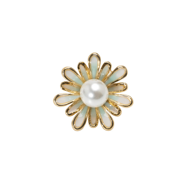 Enameled Metal and Pearl Shank Back Button - 30L/19mm - Green, Pearl White, and Gold Flower