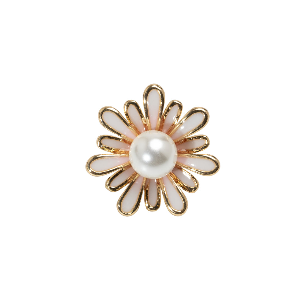 Enameled Metal and Pearl Shank Back Button - 30L/19mm - Pink, Pearl White, and Gold Flower
