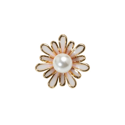 Enameled Metal and Pearl Shank Back Button - 30L/19mm - Pink, Pearl White, and Gold Flower