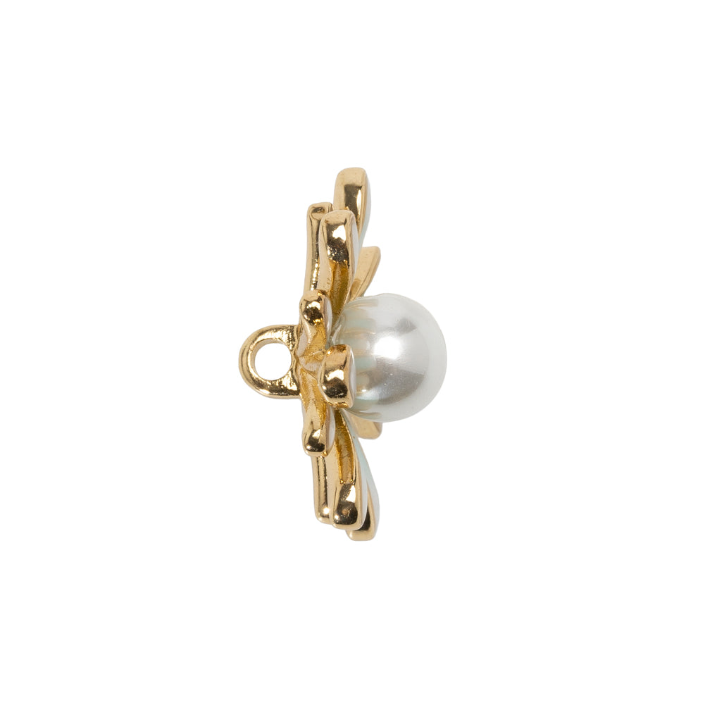 Enameled Metal and Pearl Shank Back Button - 36L/23mm - Green, Pearl White, and Gold Flower
