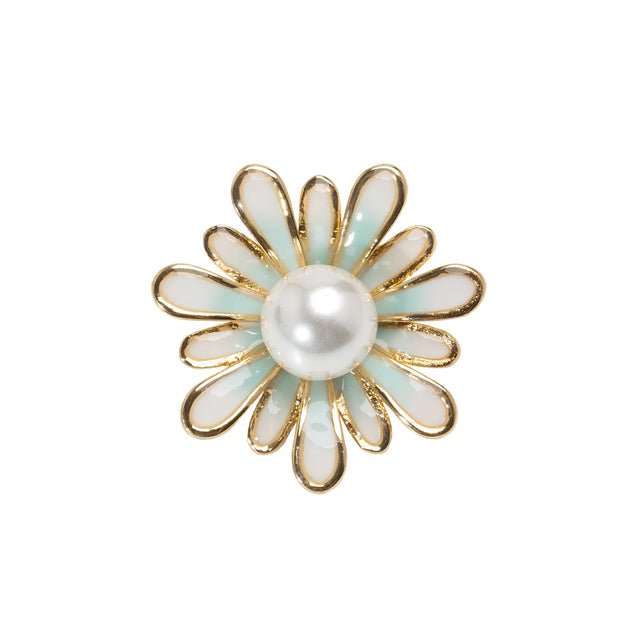 Enameled Metal and Pearl Shank Back Button - 36L/23mm - Green, Pearl White, and Gold Flower