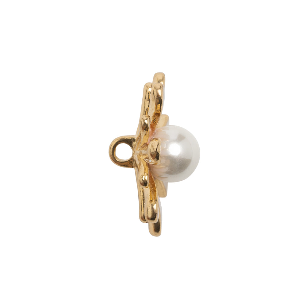 Enameled Metal and Pearl Shank Back Button - 36L/23mm - Pink, Pearl White, and Gold Flower - Folded