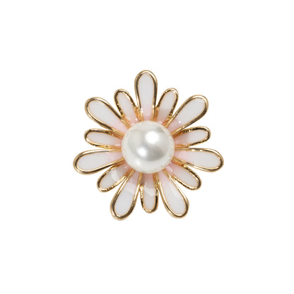 Enameled Metal and Pearl Shank Back Button - 36L/23mm - Pink, Pearl White, and Gold Flower