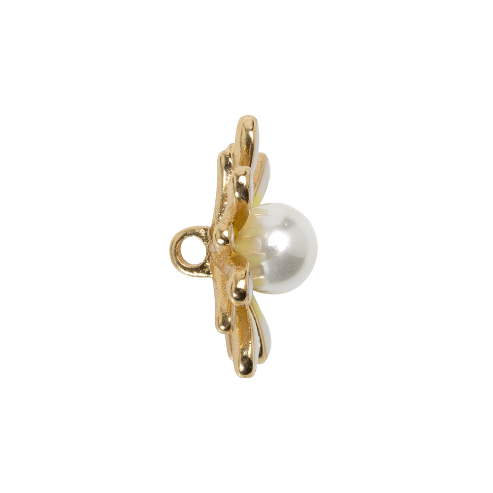 Enameled Metal and Pearl Shank Back Button - 36L/23mm - Yellow, Pearl White, and Gold Flower - Folded