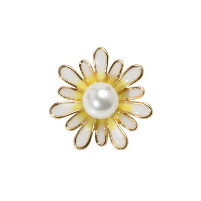 Enameled Metal and Pearl Shank Back Button - 36L/23mm - Yellow, Pearl White, and Gold Flower