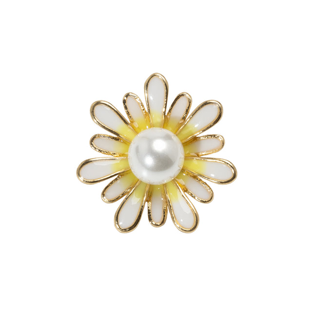 Enameled Metal and Pearl Shank Back Button - 36L/23mm - Yellow, Pearl White, and Gold Flower