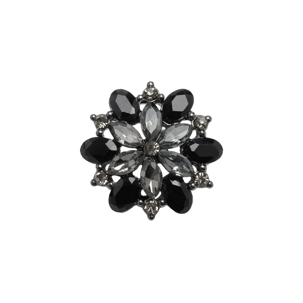 Rhinestone and Metal Shank Back Button - 32L/20mm - Black Diamond and Gunmetal Little Open Flower