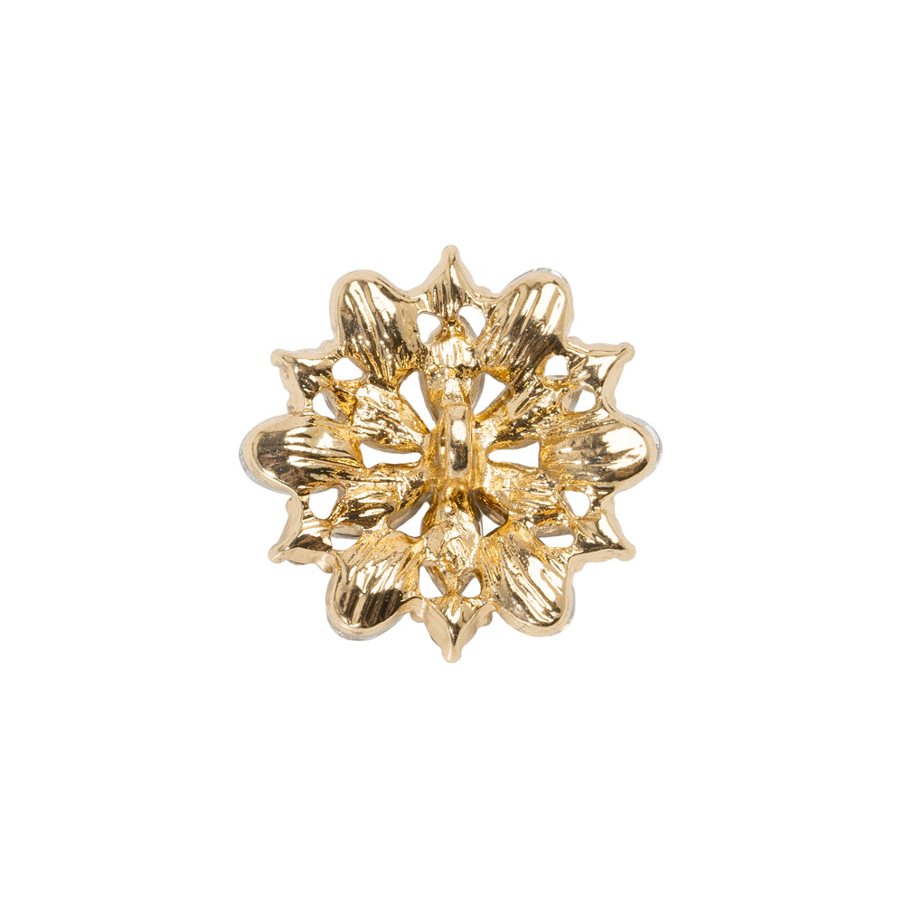 Rhinestone and Metal Shank Back Button - 32L/20mm - Crystal and Gold Little Open Flower - Detail