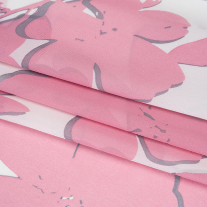 Polyester Chiffon - Blush Pink and White Flowers and Leaves - Designer Deadstock