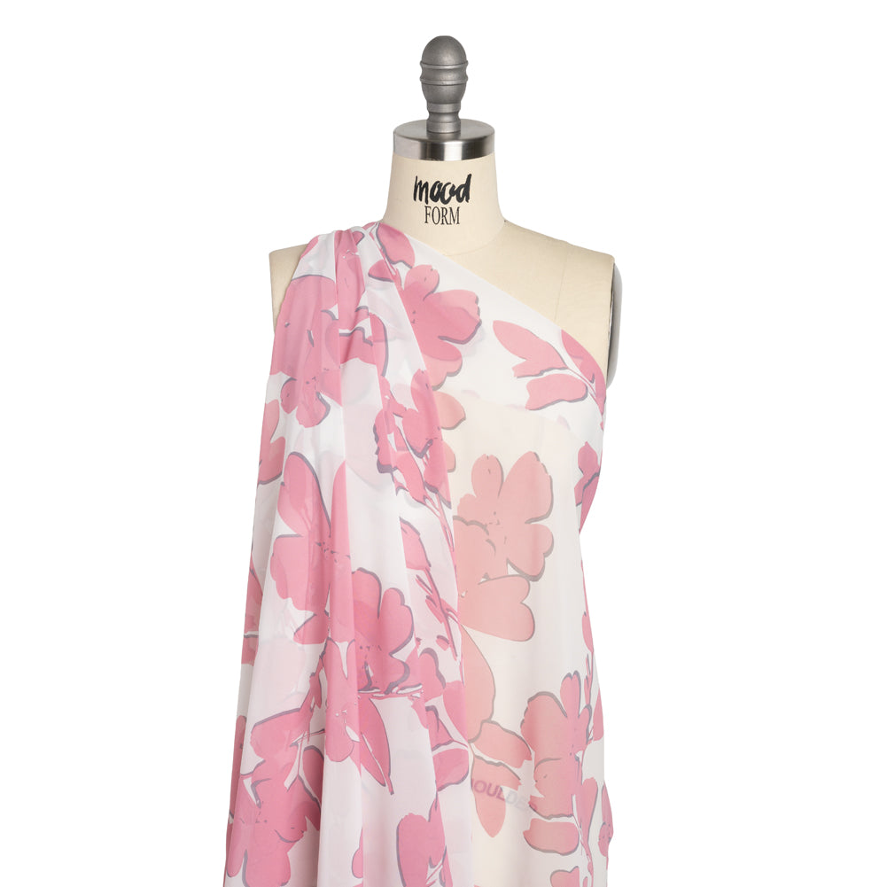 Polyester Chiffon - Blush Pink and White Flowers and Leaves - Designer Deadstock