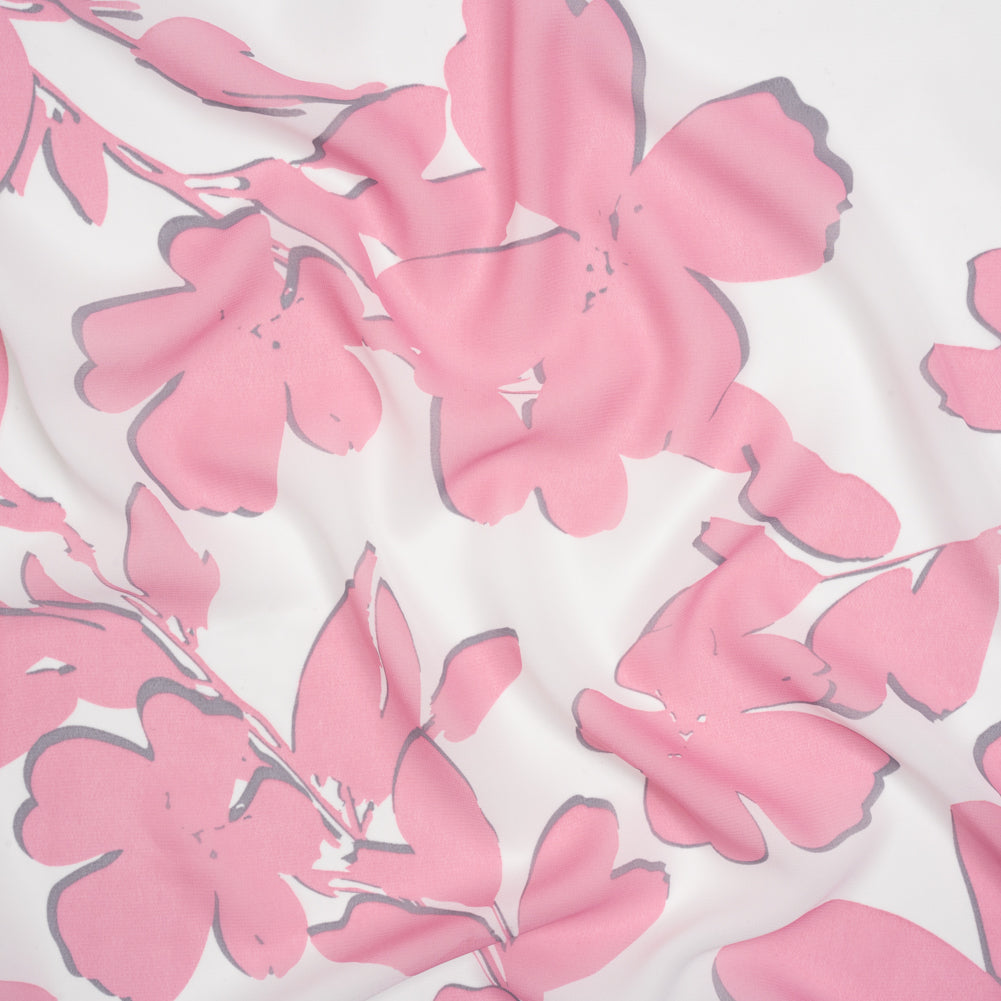 Polyester Chiffon - Blush Pink and White Flowers and Leaves - Designer Deadstock