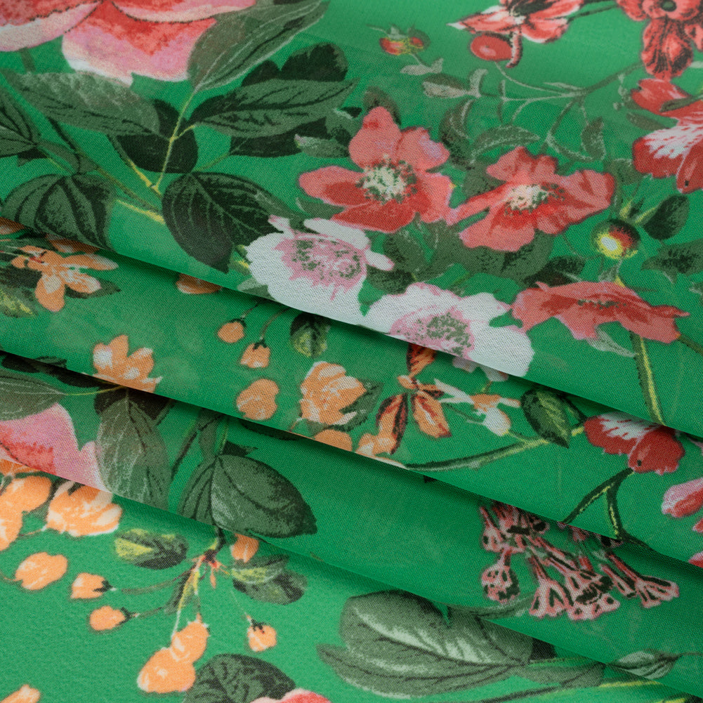 Polyester Chiffon - Kelly Green and Pink Floral - Designer Deadstock