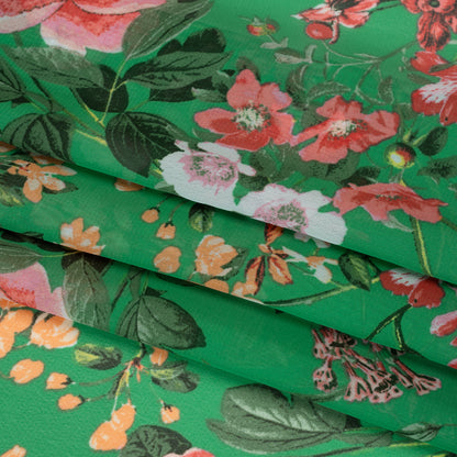 Polyester Chiffon - Kelly Green and Pink Floral - Designer Deadstock
